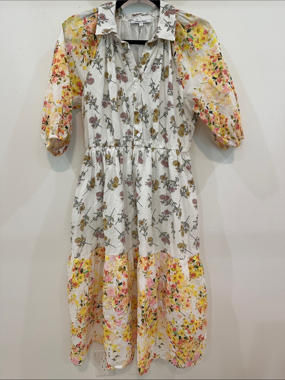 CELINA MOON White Floral Button-Front Tiered Dress with Yellow and Pink Accents